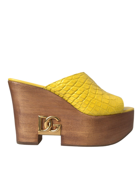 Yellow Leather Wood Mule Wedge Slides Shoes