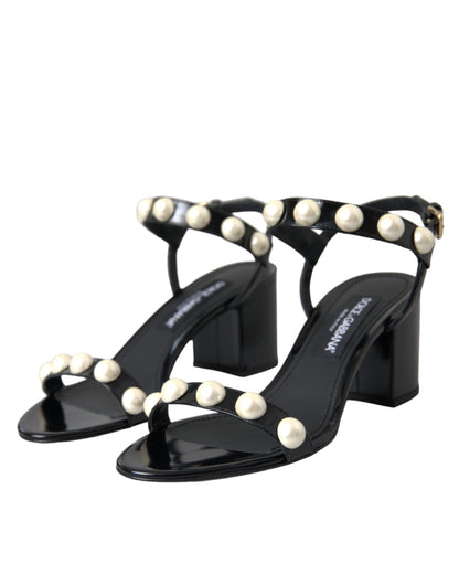 Black Leather Faux Pearl Heel Sandals Shoes