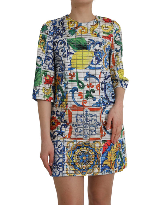 Multicolor Majolica 3/4 Sleeves Shift Dress