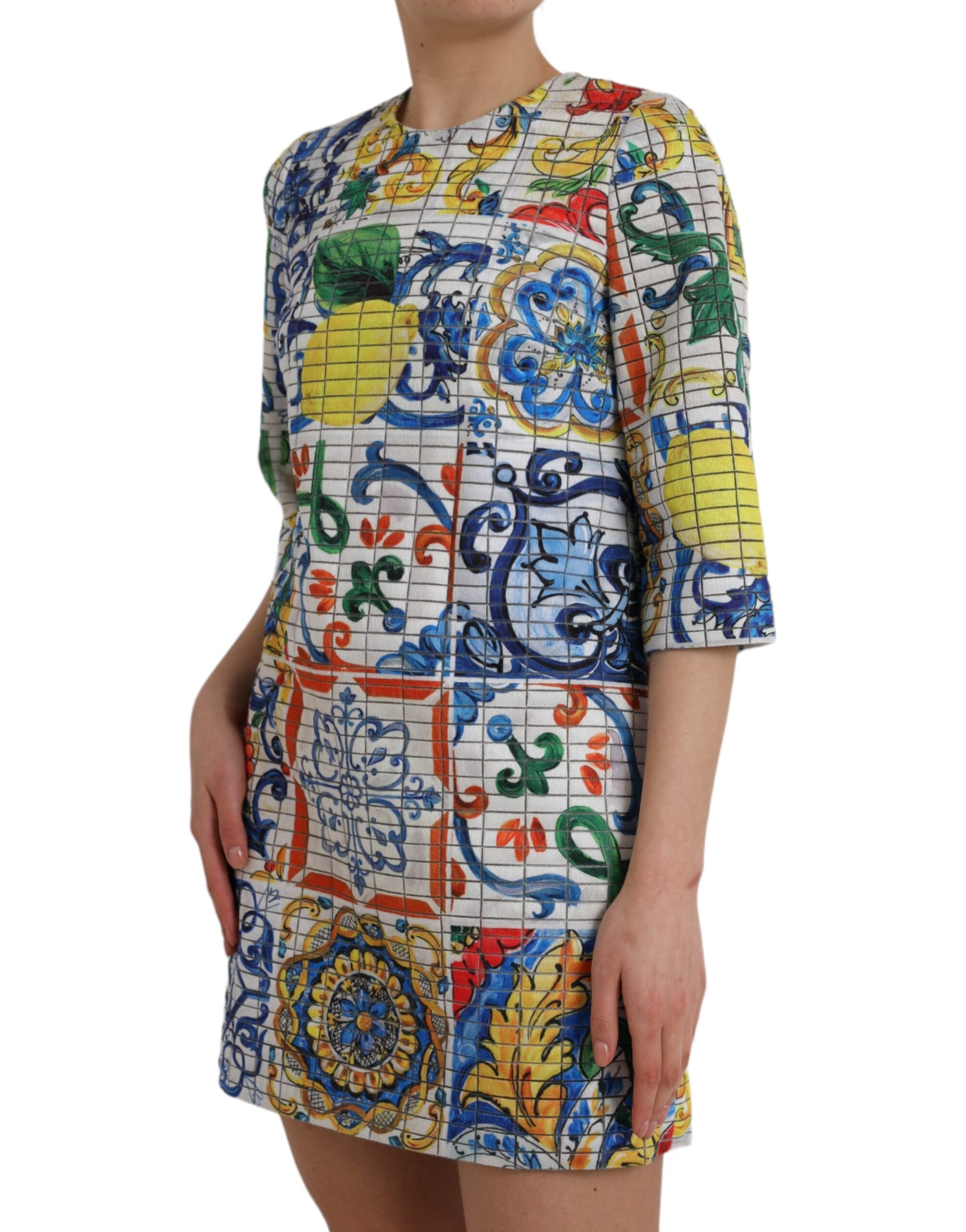 Multicolor Majolica 3/4 Sleeves Shift Dress