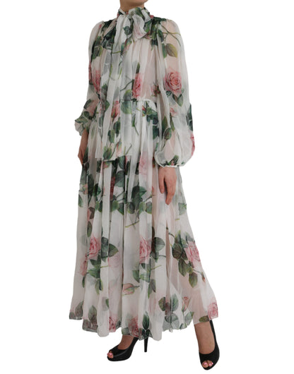 White Silk Floral Print Long Maxi Dress