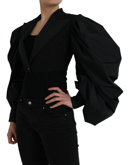 Black Polyester Puffed Sleeves Cropped Jacket