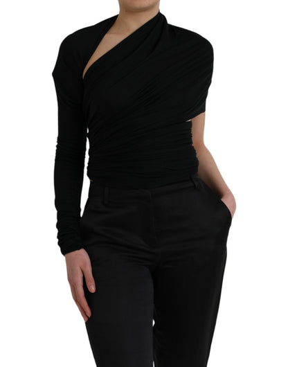 Black Wool Cutout Asymmetric Long Sleeve Top