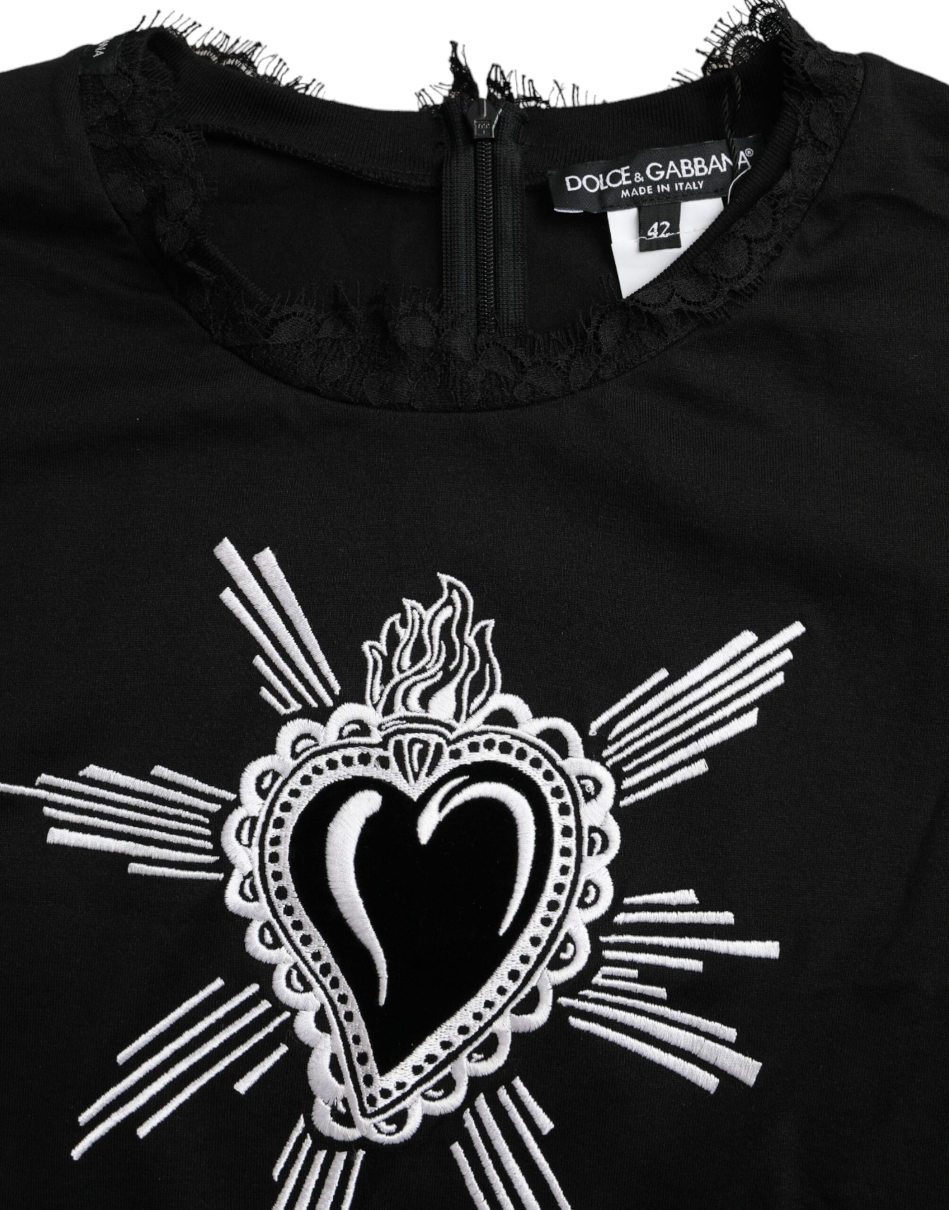 Black Sacred Heart Print Cotton Lace T-shirt