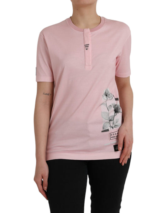 Pink Floral Print Cotton Short Sleeves T-shirt