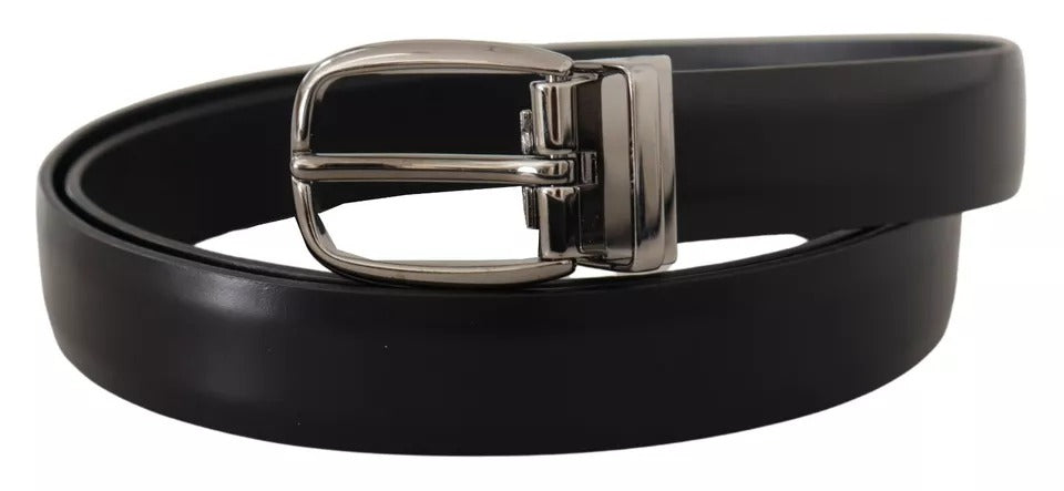 Black Classic Leather Chrome Metal Buckle Belt