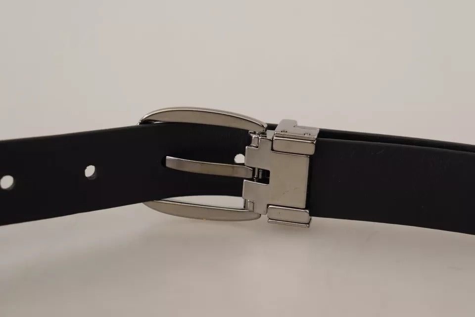 Black Classic Leather Chrome Metal Buckle Belt