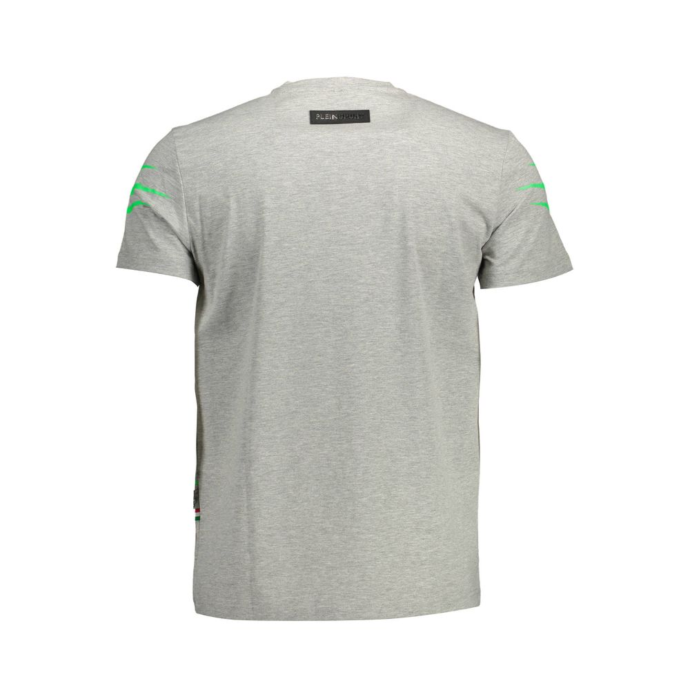 Elegante camiseta gris con cuello redondo y logo con detalles en contraste