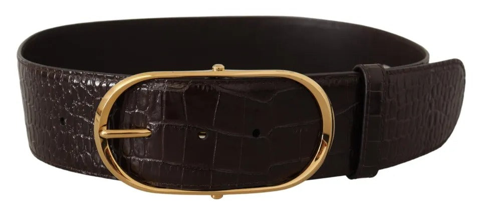 Brown Crocodile Pattern Leather Gold Oval Buckle Belt