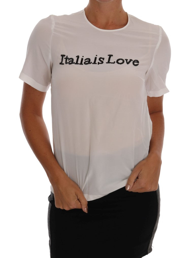 Zijden lovertjes 'Italia Is Love' witte blouse