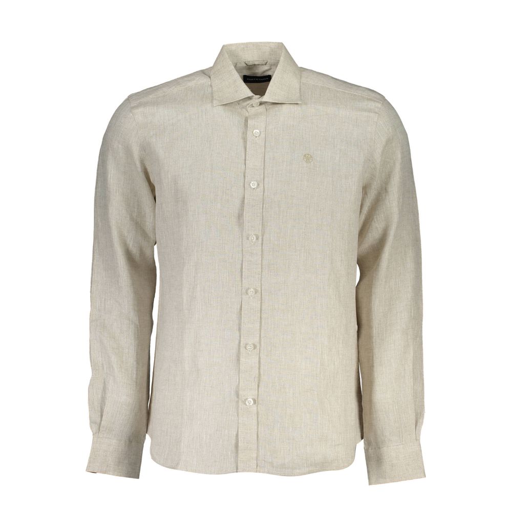 Beige Linen Italian Collar Shirt with Logo Embroidery