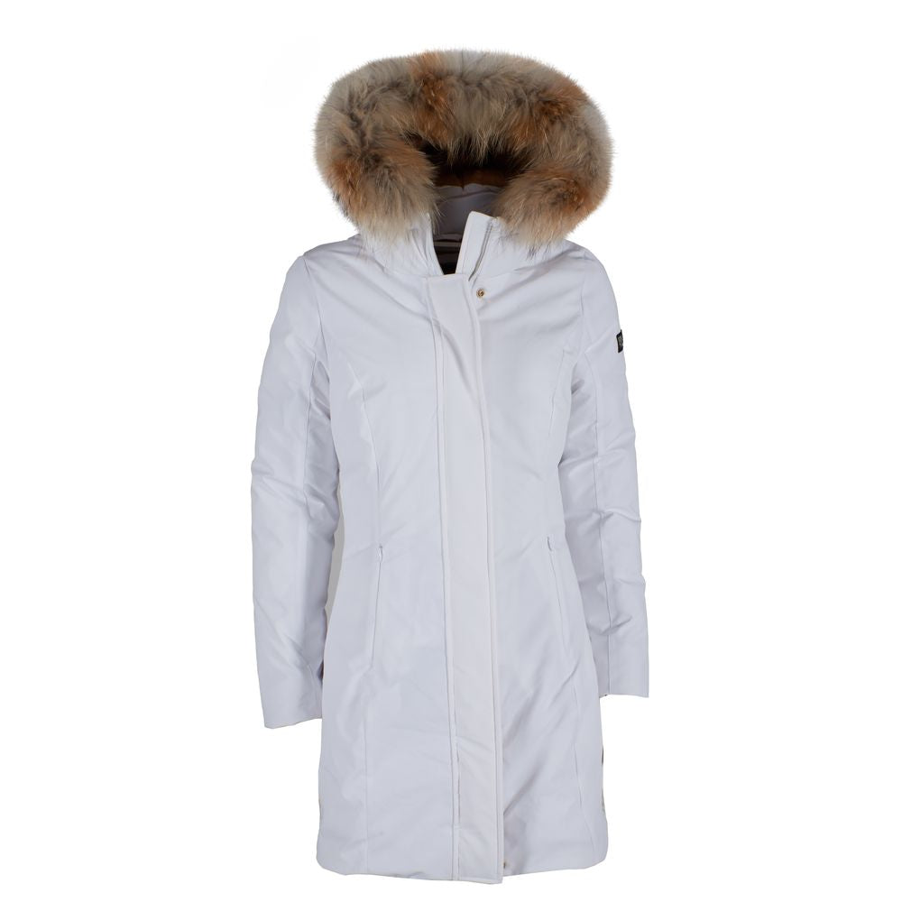 Chic White Down Jacket with Fur-Trimmed Hood