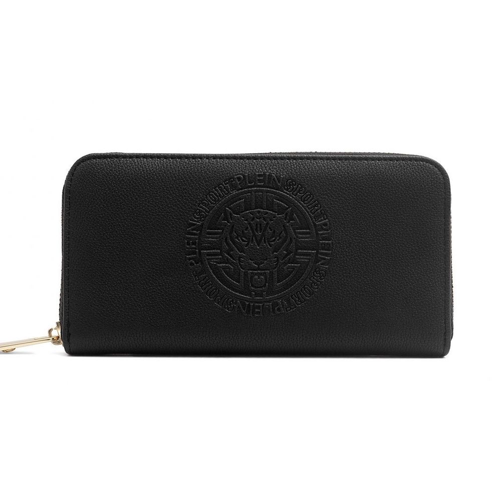 Elegante cartera negra con cremallera y logotipo