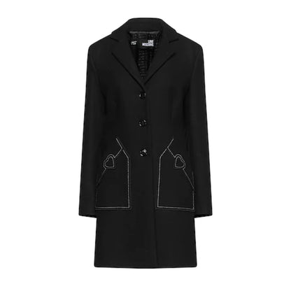 Chic Wool Blend Black Coat with Heart Detail