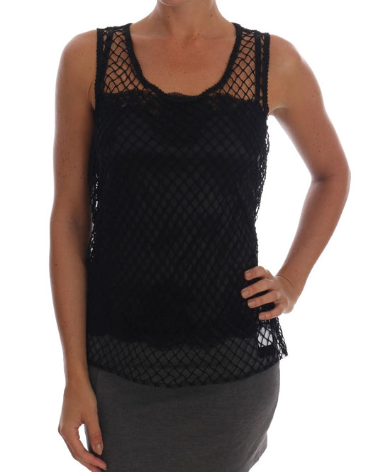 Elegante blusa camisola sin mangas de encaje negro