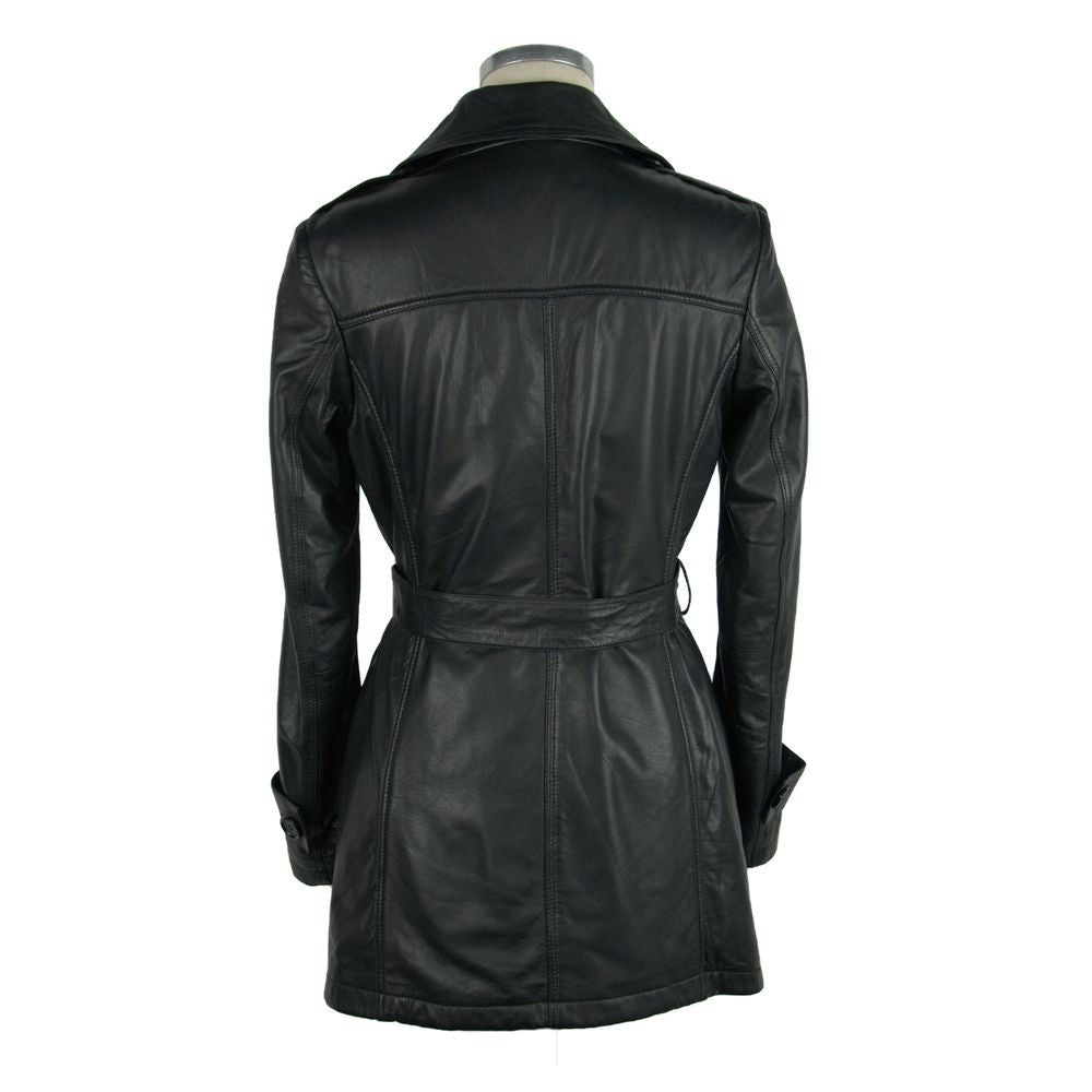 Elegant Black Leather Trench with Belt