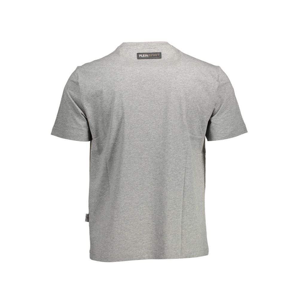 Camiseta gris elegante con cuello redondo y detalles llamativos