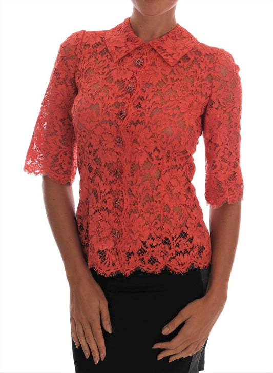 Elegante oranje gebloemde kanten kristallen vestblouse