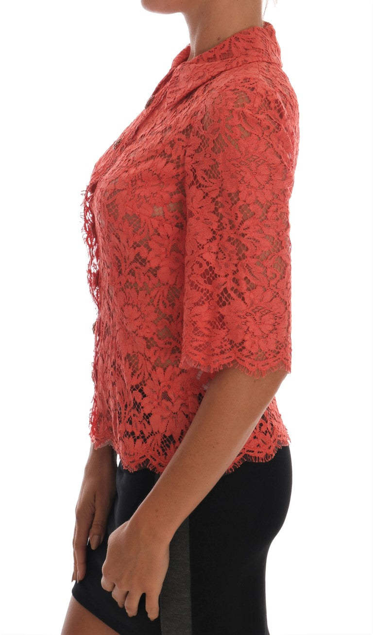 Blusa cárdigan de cristal con encaje floral naranja elegante