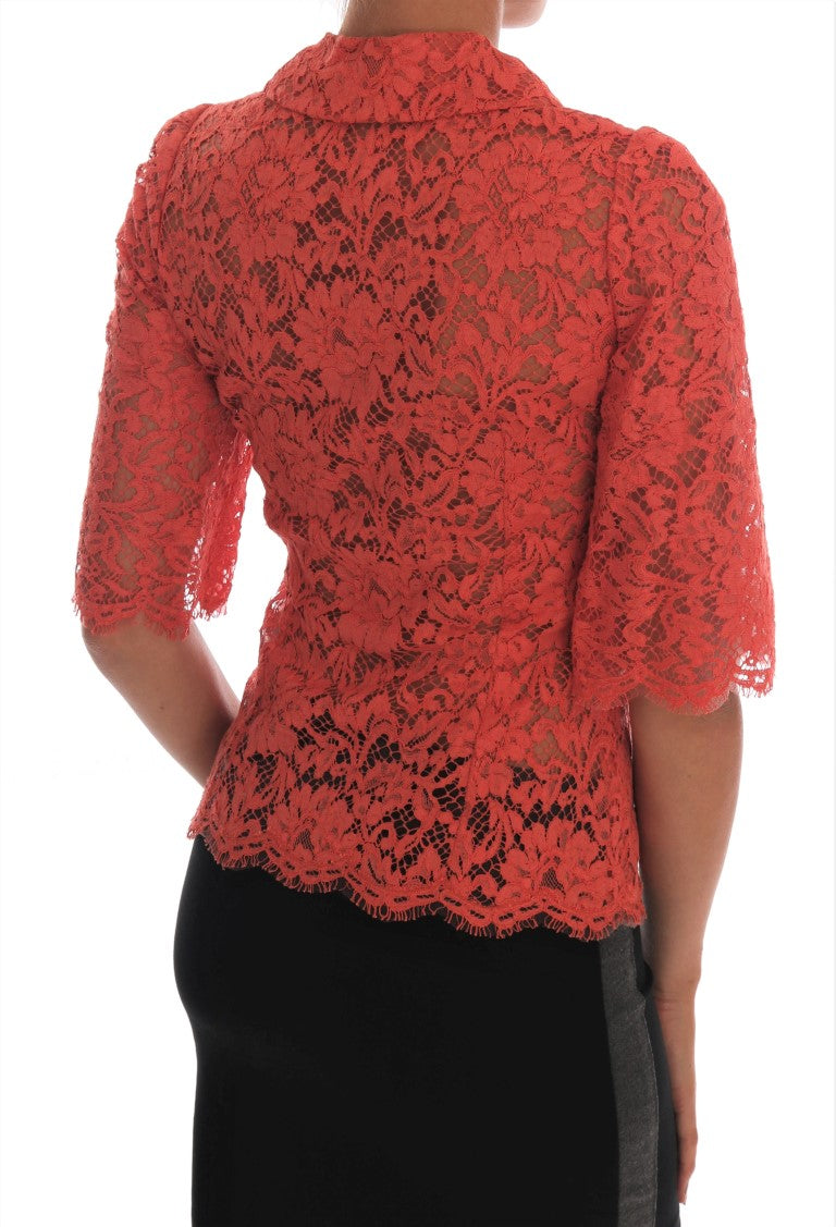 Elegante oranje gebloemde kanten kristallen vestblouse