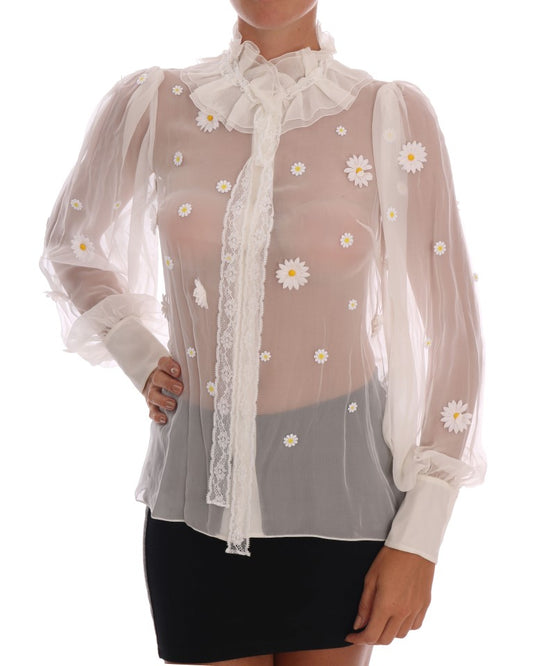 Elegante blusa de margaritas de seda blanca