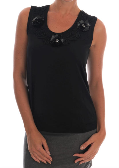 Blusa camisola de lentejuelas con print de flores negra