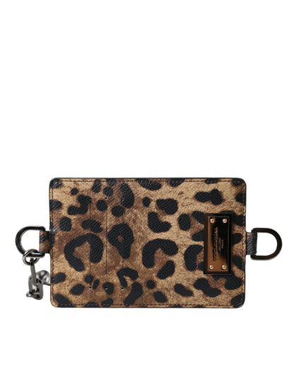 Brown Leather Leopard Print Logo Plaque Cardholder Wallet