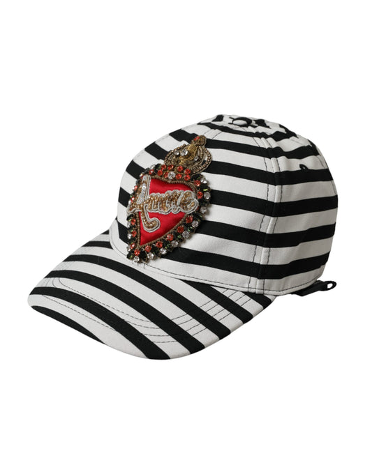 Black White Stripe Amore Heart Applique Baseball Hat