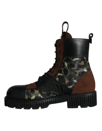 Brown Suede Camouflage Leather Combat Boots Shoes