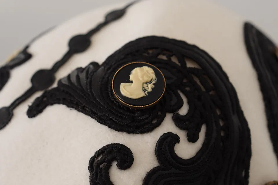 White Black Wool Embroidered Cameo Brooch Hat