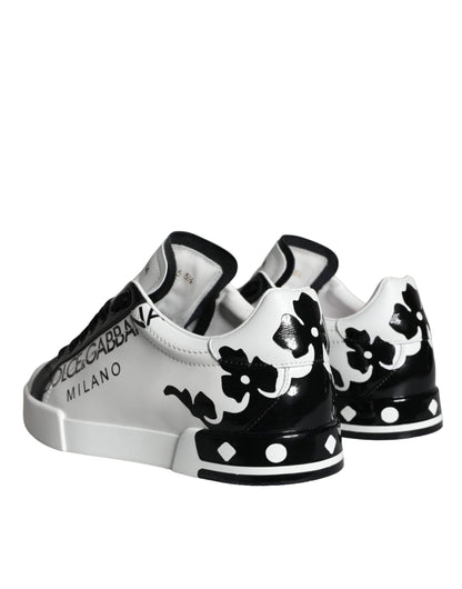 White Black Leather Crown Milano Sneakers Shoes