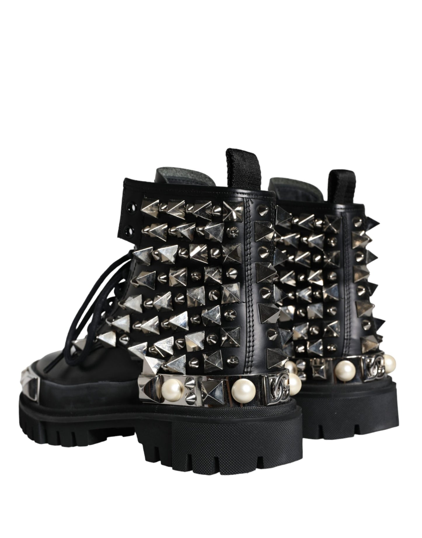 Black Leather Studs Embellished Combat Boots Shoes