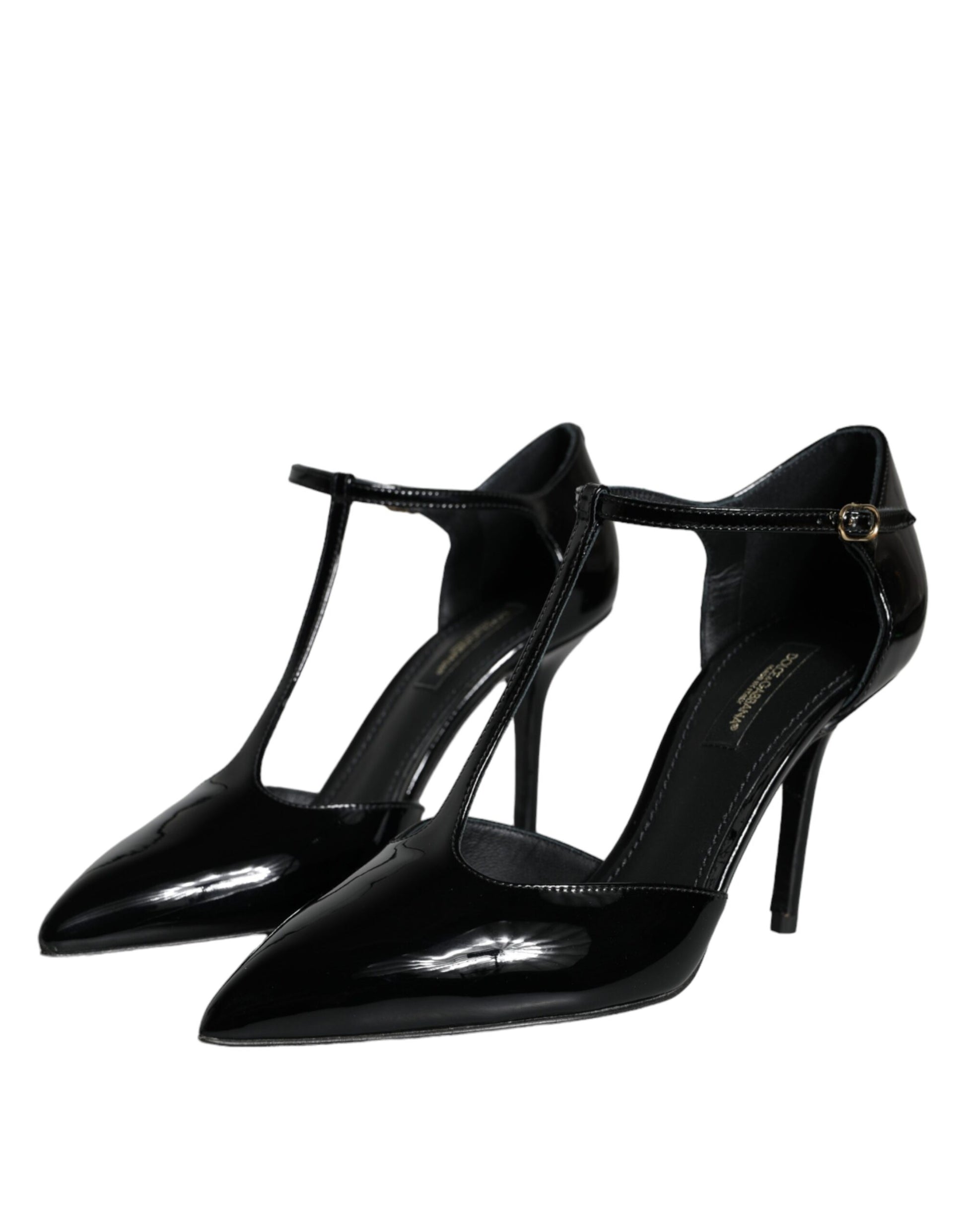 Black Leather T-strap Stiletto High Heels Shoes