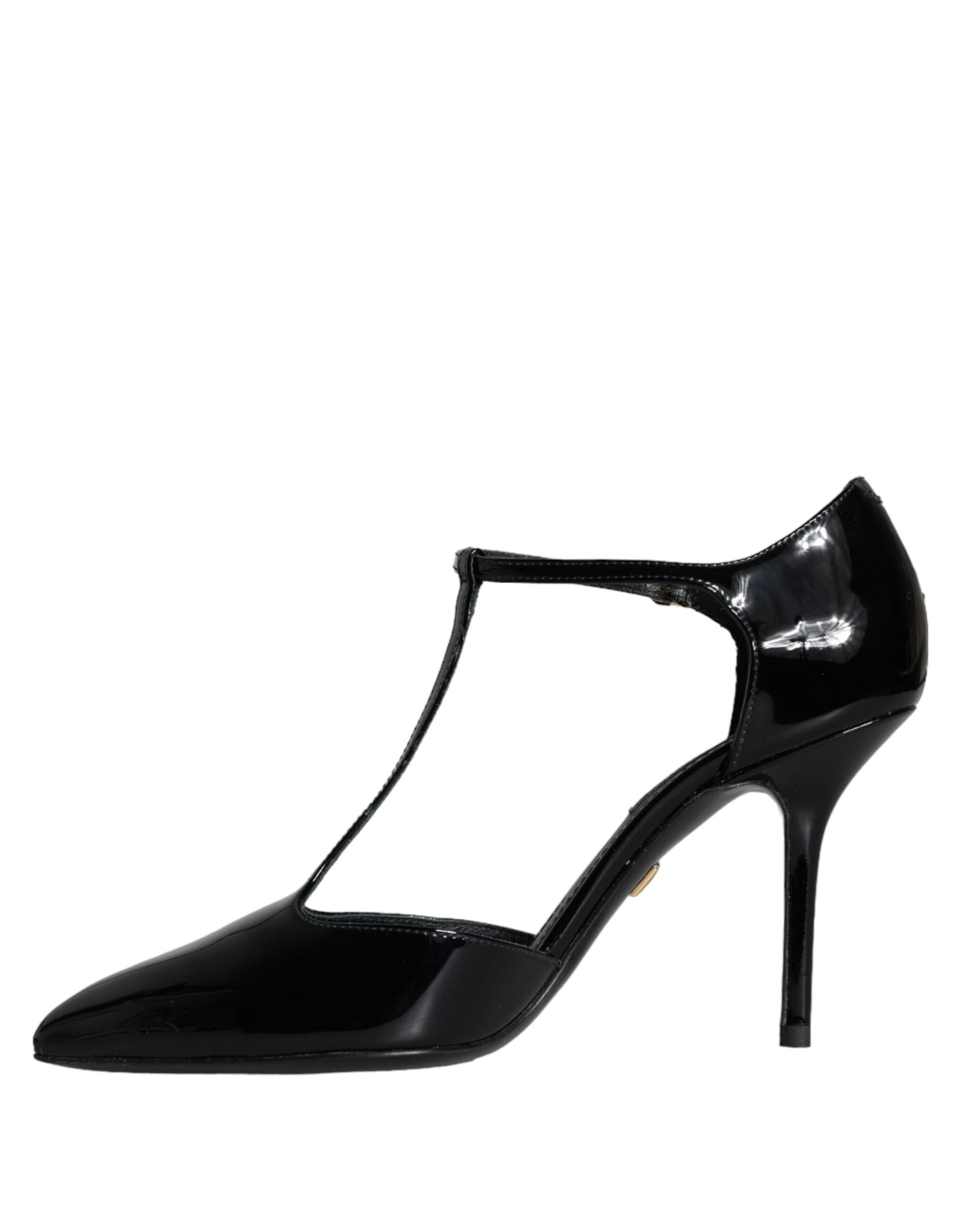 Black Leather T-strap Stiletto High Heels Shoes