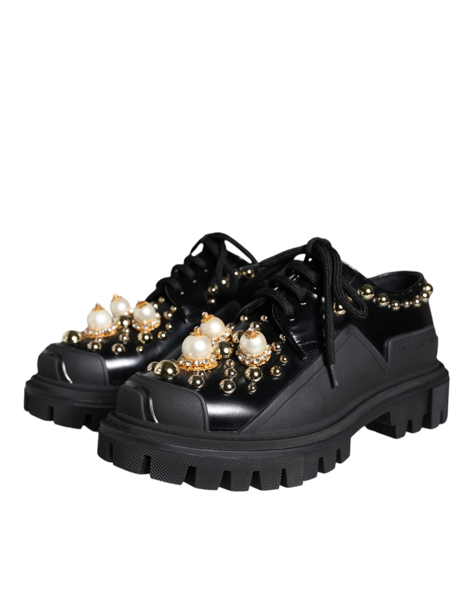 Black Leather Trekking Derby Embellished Shoes