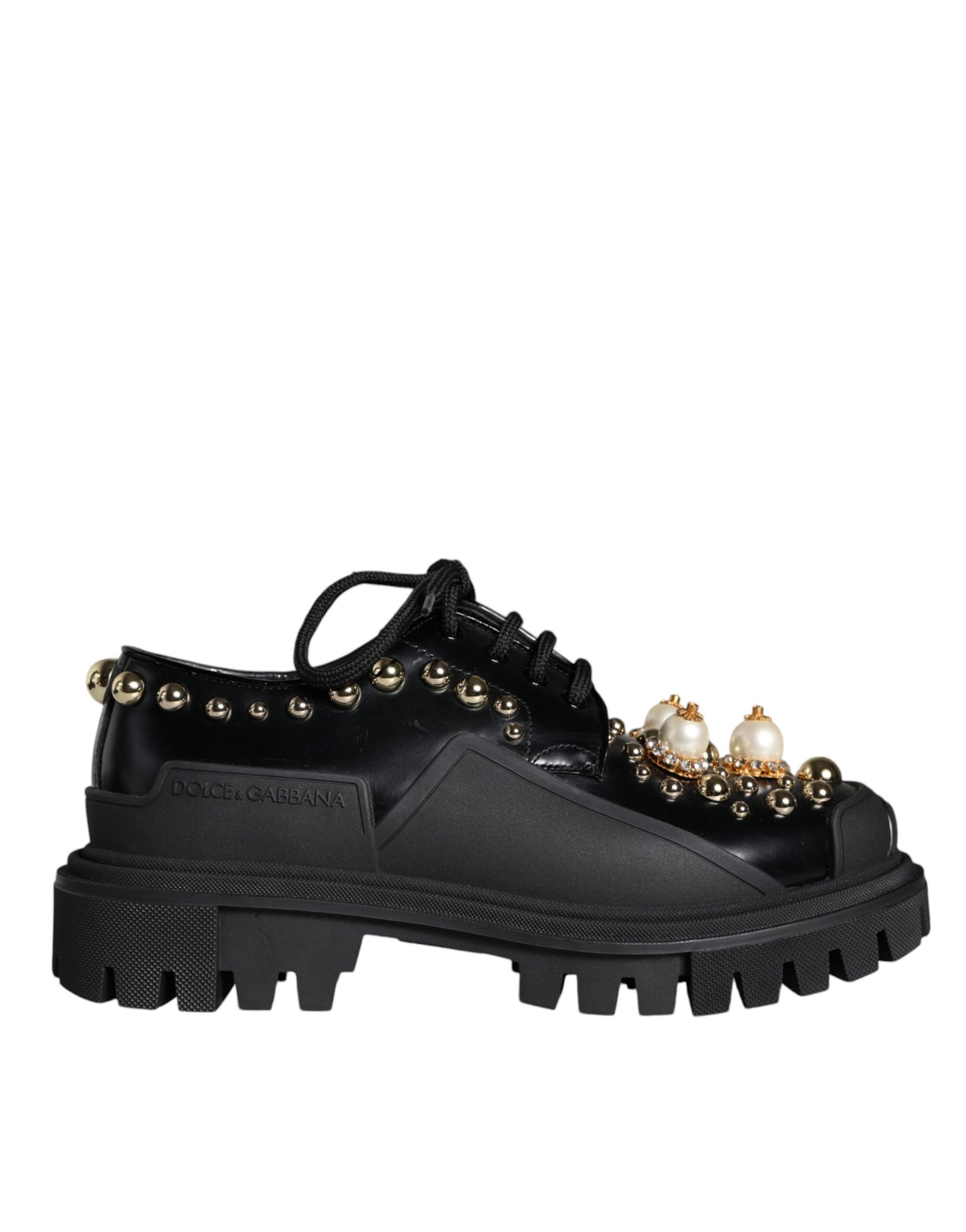 Black Leather Trekking Derby Embellished Shoes