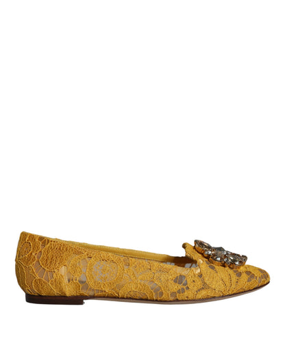 Mustard Lace Crystal Ballet Flats Loafer Shoes