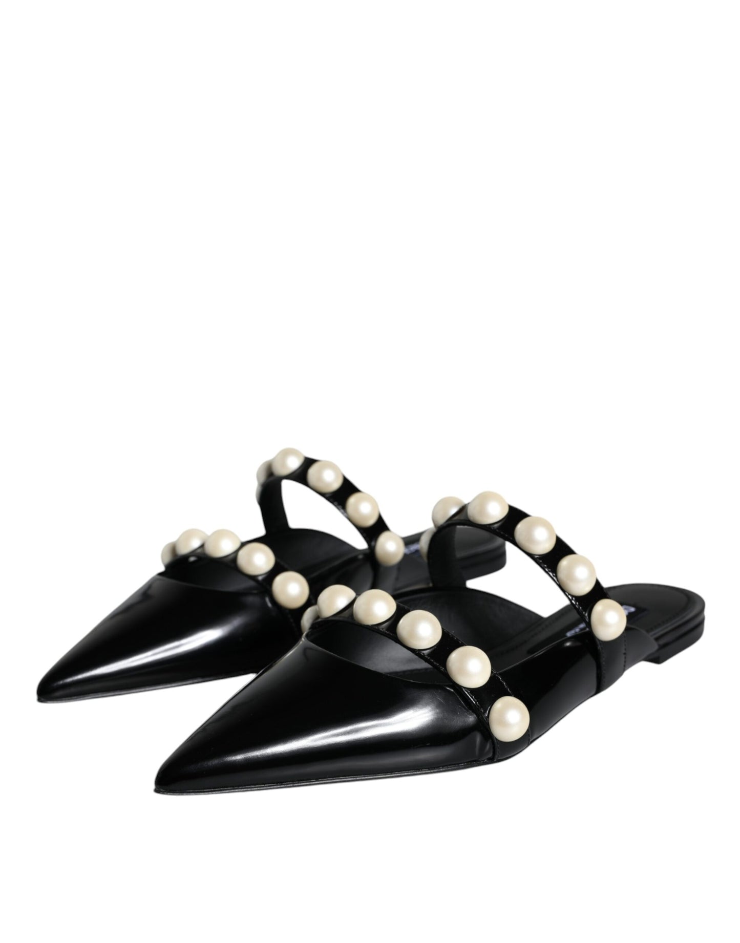 Black Leather Pearls Slides Sandals Shoes