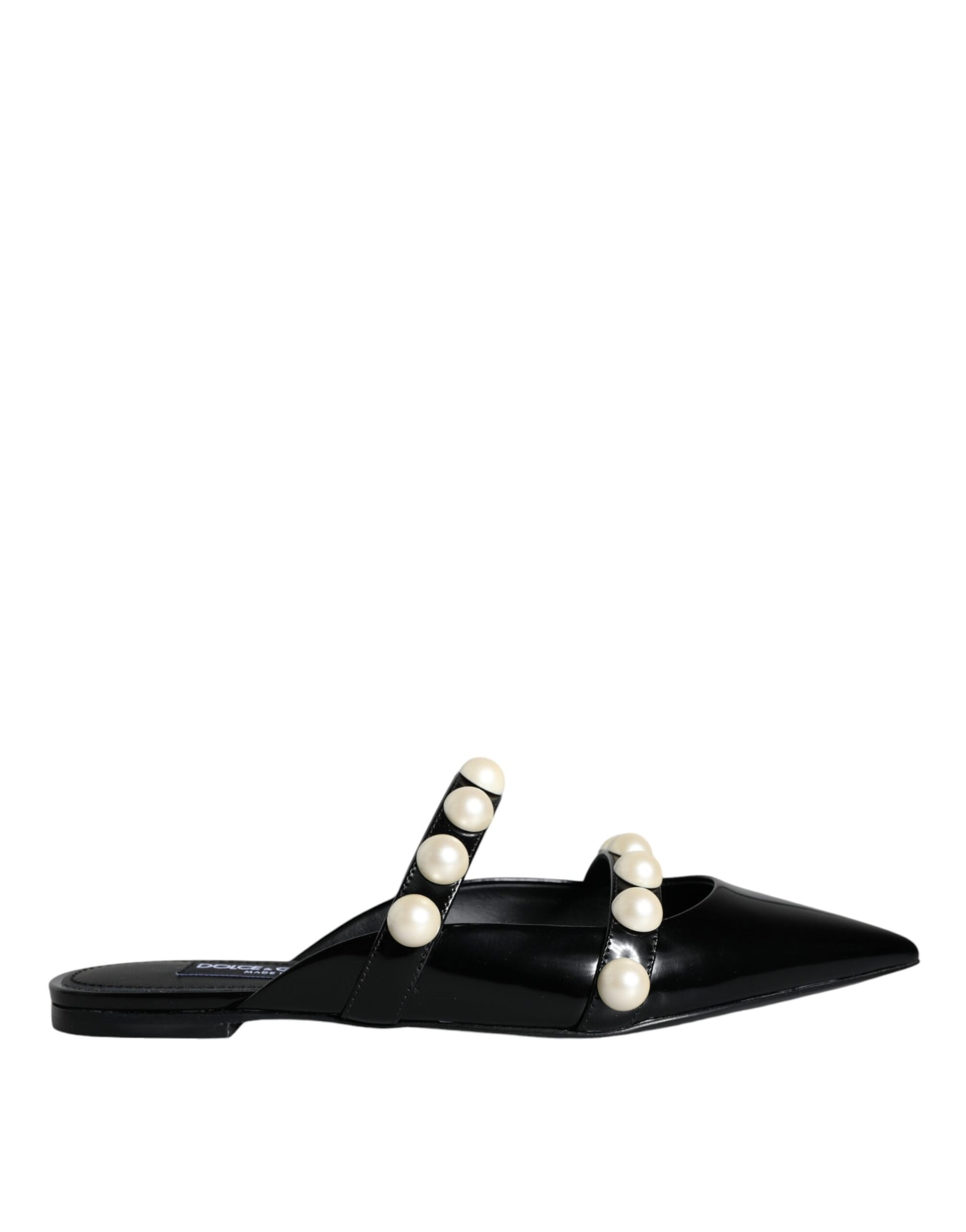 Black Leather Pearls Slides Sandals Shoes