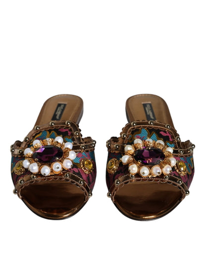 Multicolor Jacquard Embellished Slides Flats Shoes