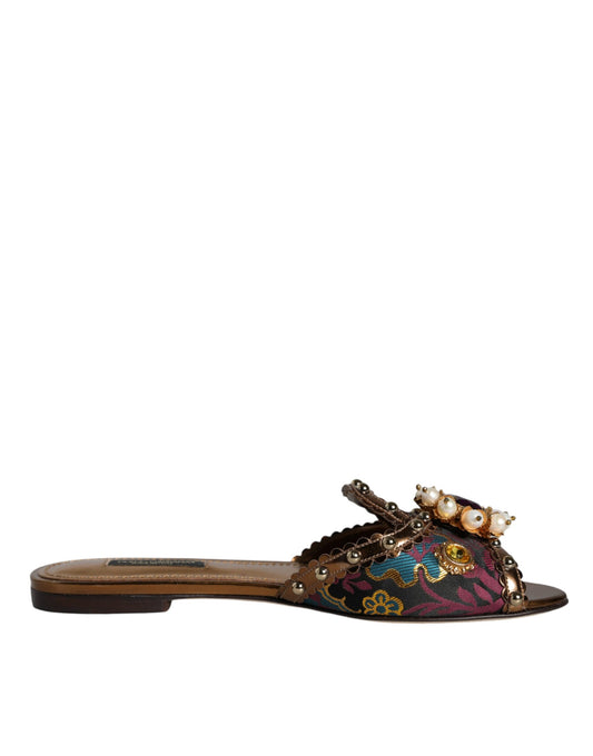 Multicolor Jacquard Embellished Slides Flats Shoes