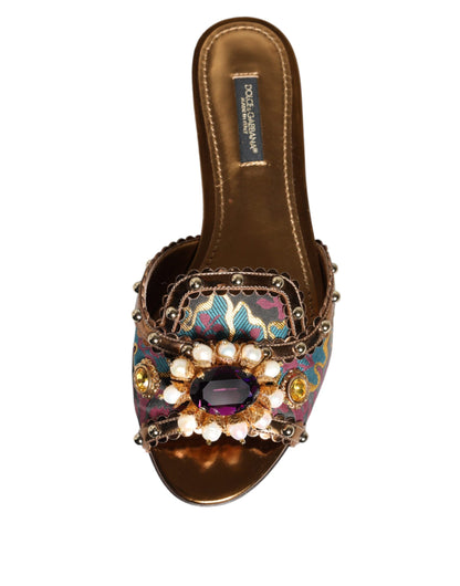 Multicolor Jacquard Embellished Slides Flats Shoes