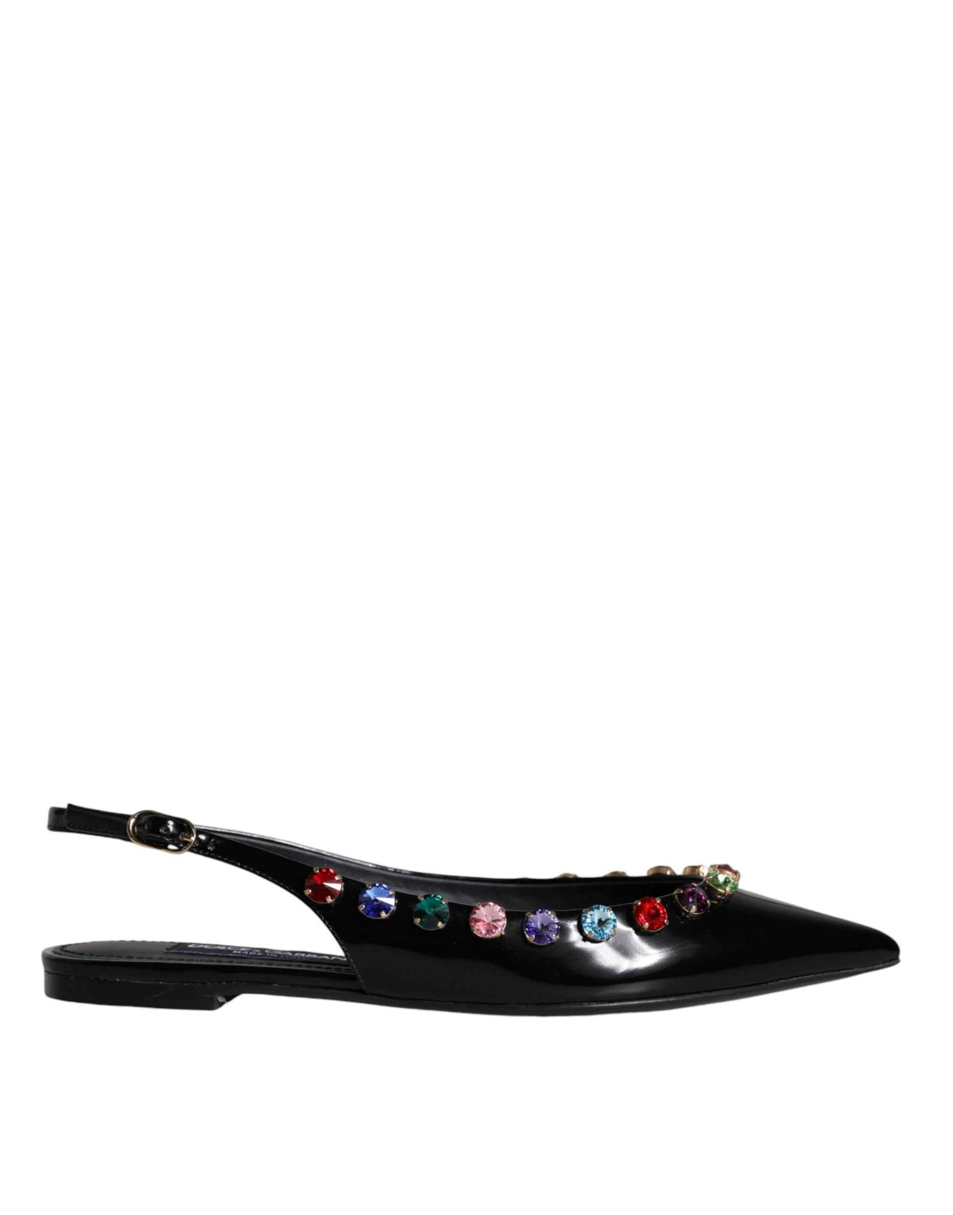 Black Leather Crystal Flats Slingback Shoes