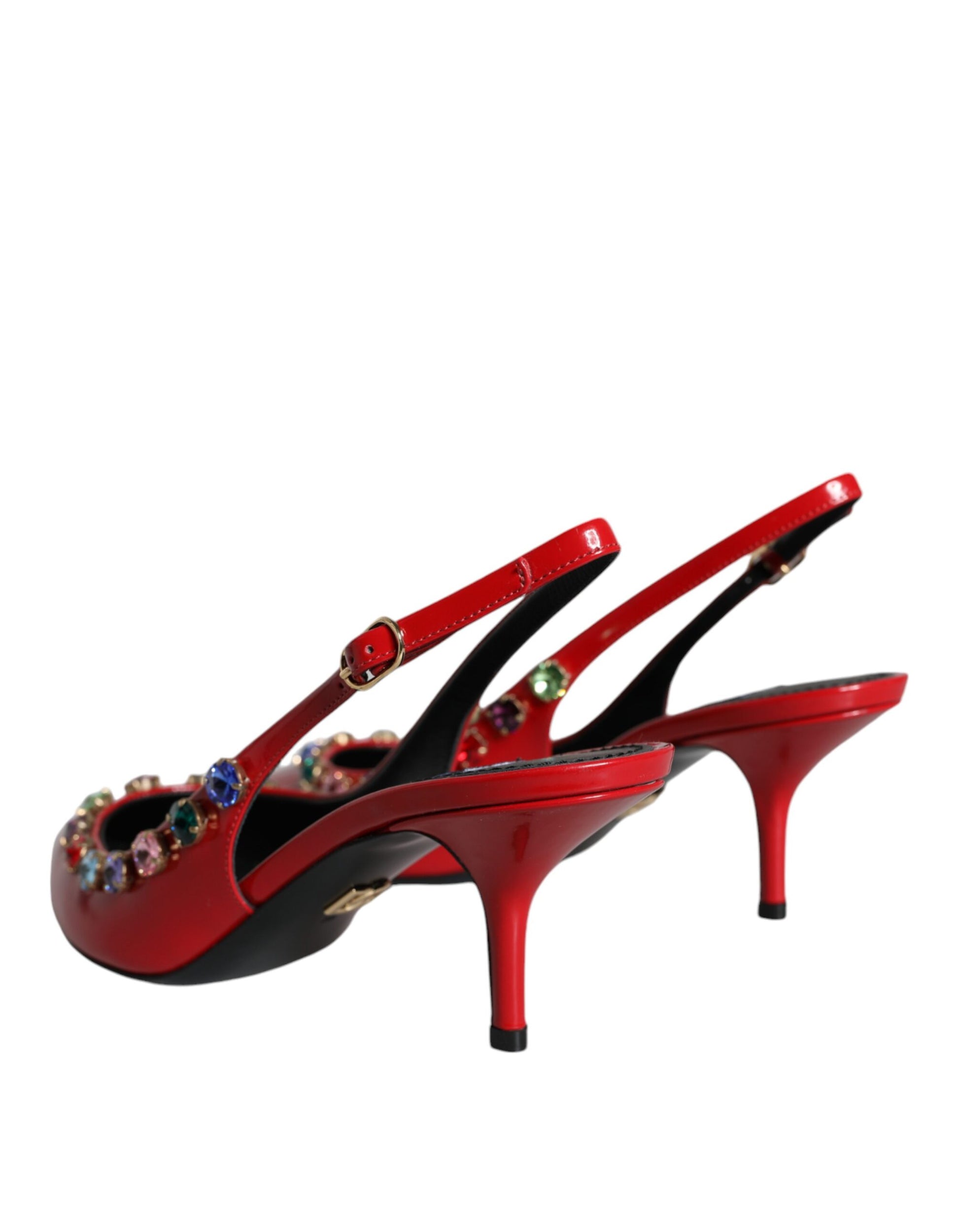 Red Leather Crystal Heels Slingback Shoes