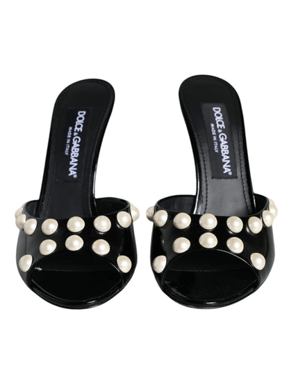 Black Leather Pearls Slides Sandals Shoes