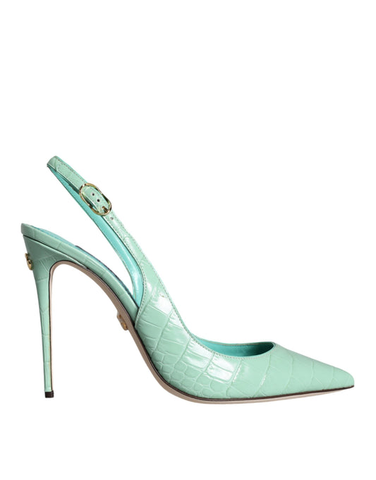 Mint Green Leather Heels Slingback Pumps Shoes