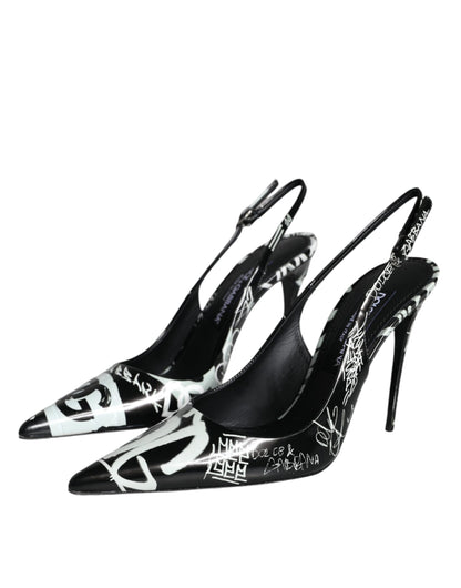 Black Graffiti Leather Slingback Heels Pumps Shoes