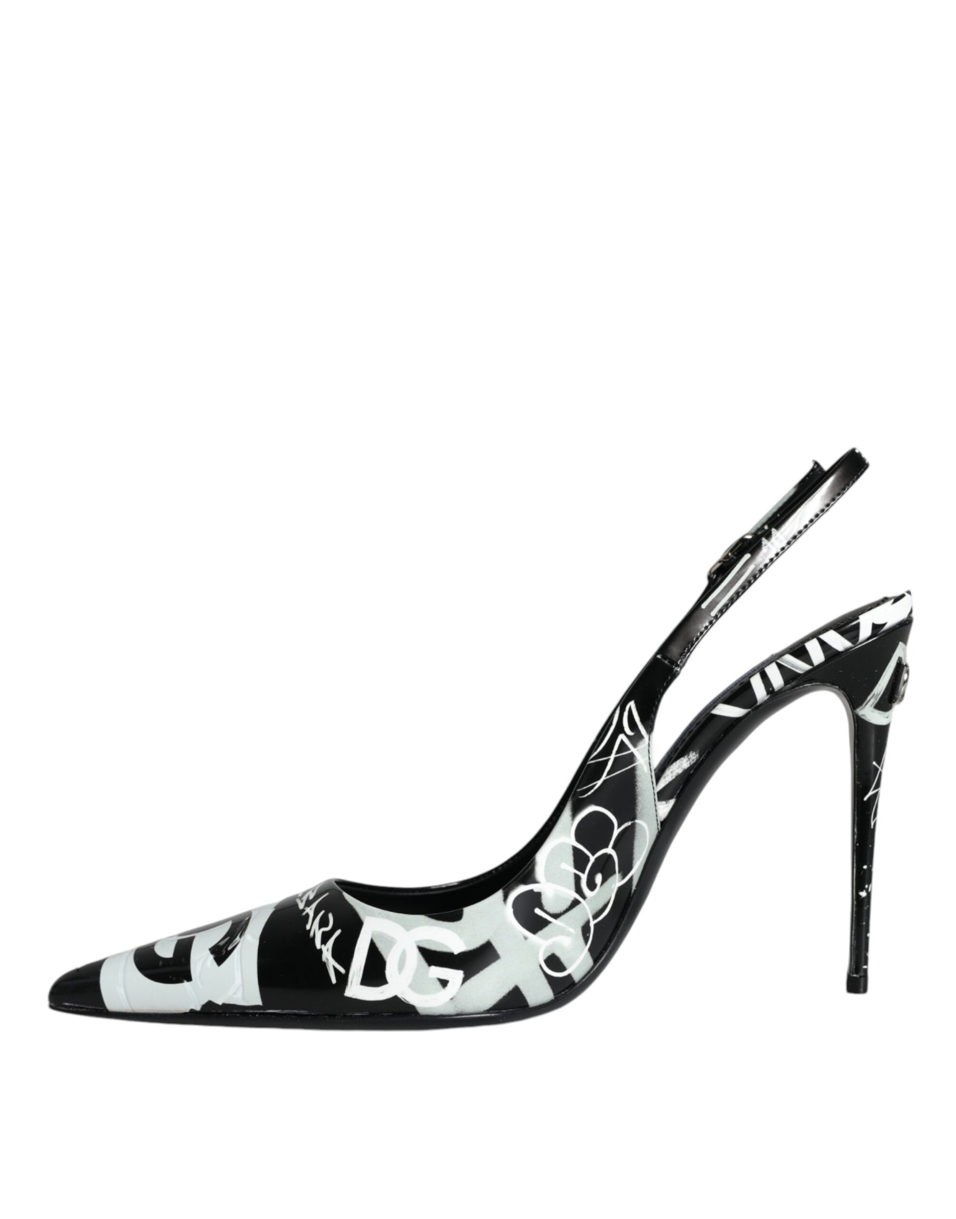 Black Graffiti Leather Slingback Heels Pumps Shoes