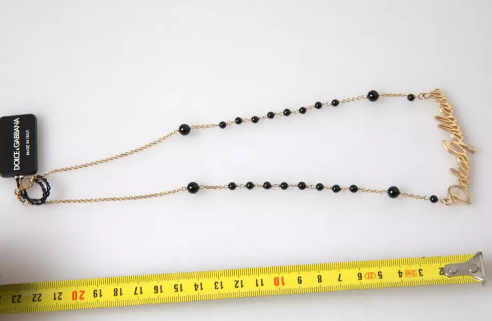 Gold Sterling Silver 925 Black Beaded Rosary Chain Necklace