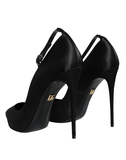 Black Satin Ankle Strap Heels Pumps Shoes